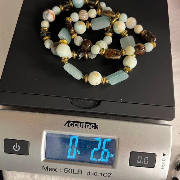 Handmade Beaded Bracelet Trio Earthy Color Theme Mixed Metal Beads Browns Blues - Picture 6 of 6